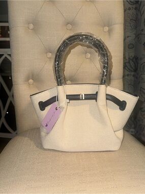 Purple and Lilac White Canvas Mini Tote with Black Vegan Leather Handles & Trim
